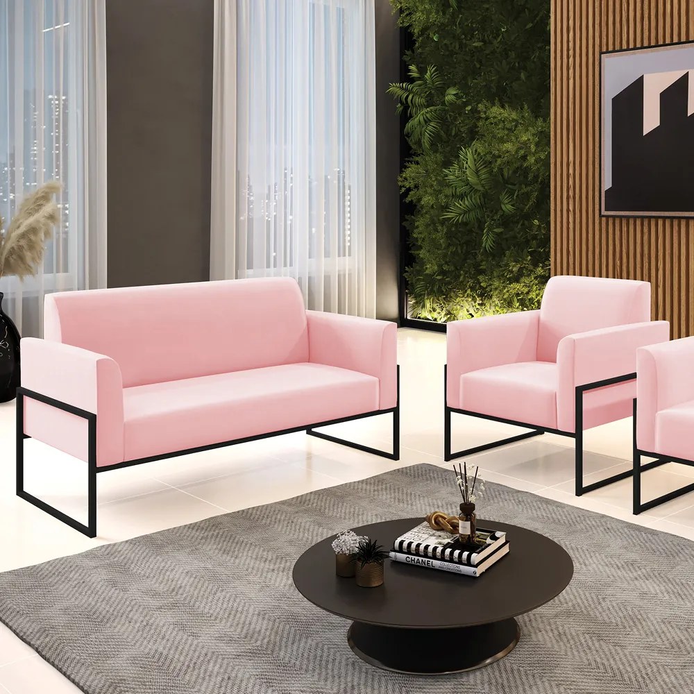 Sofá Namoradeira com Poltrona Base Industrial Alta Preto Marisa Suede D03 - D'Rossi - Rosa Bebê