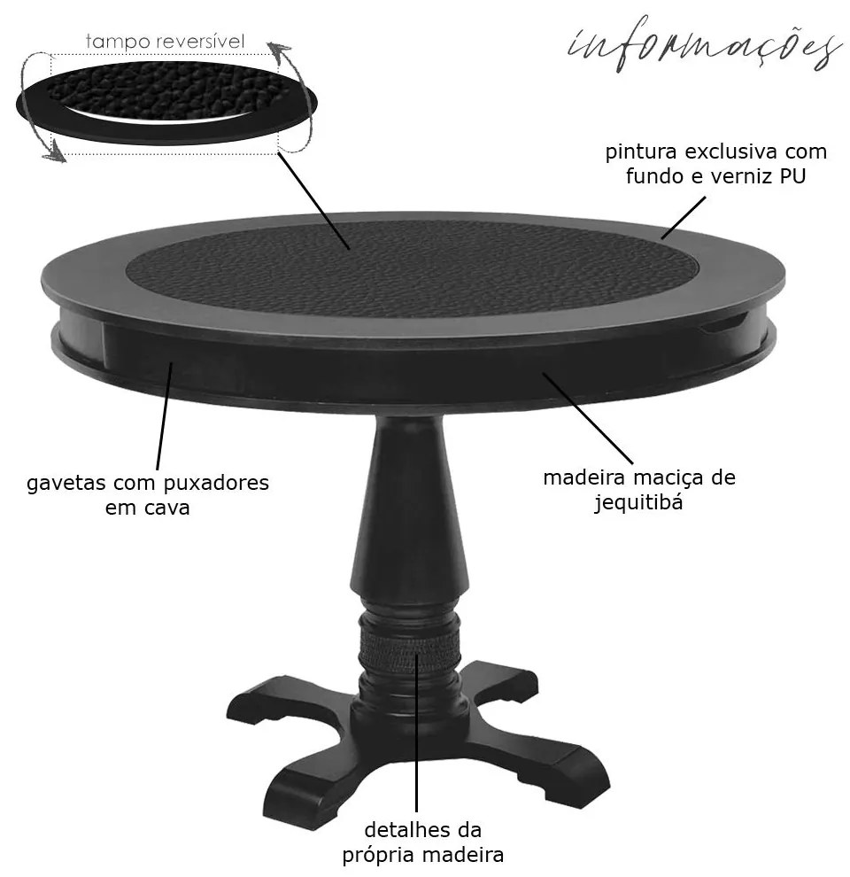 Mesa de Jogos Carteado Redonda Victoria Tampo Reversível Preto com 4 Cadeiras Liverpool Corino Preto Matelassê G36 G15 - Gran Belo