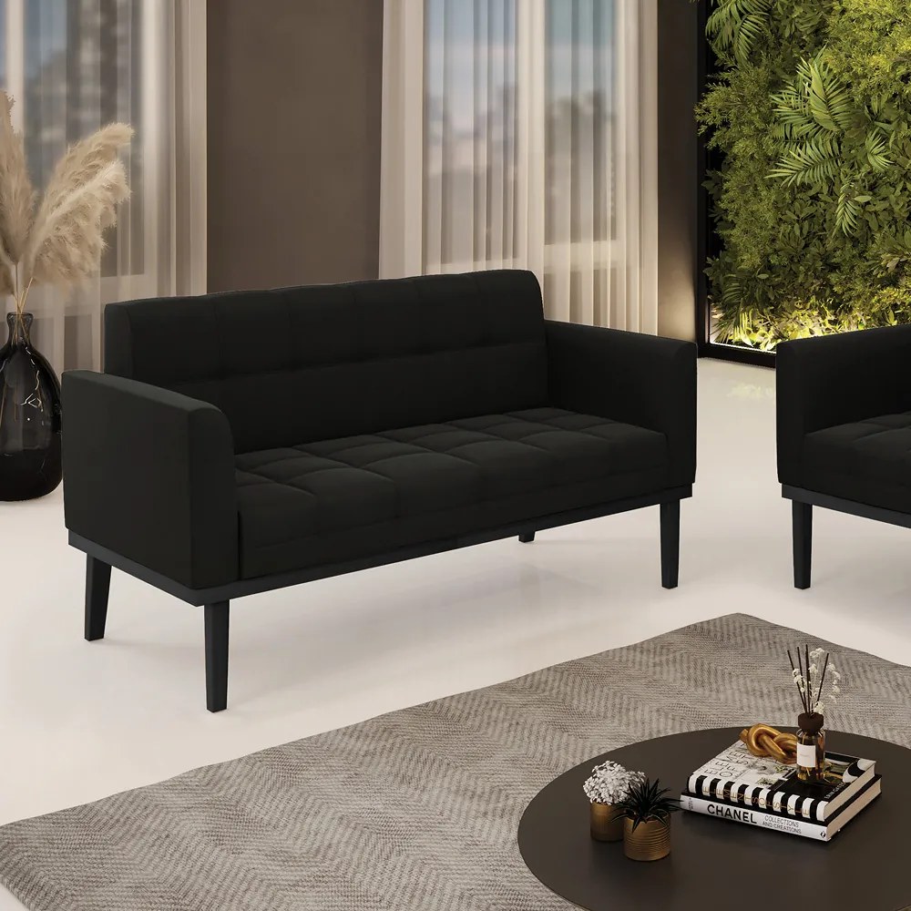 Sofá Namoradeira 2 Lugares Base de Madeira Preto Elisa Suede D03 - D'Rossi - Preto