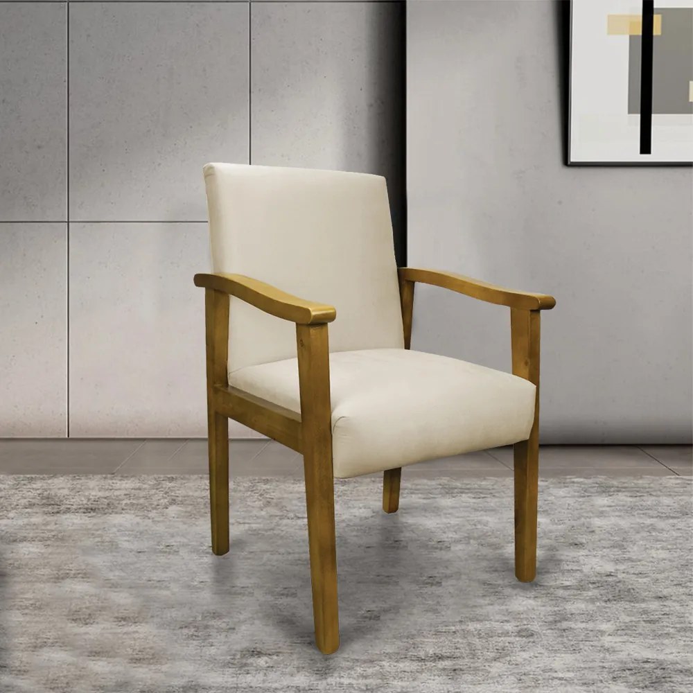 Poltrona Eloisa Veludo Base de Madeira Castanho - Bege