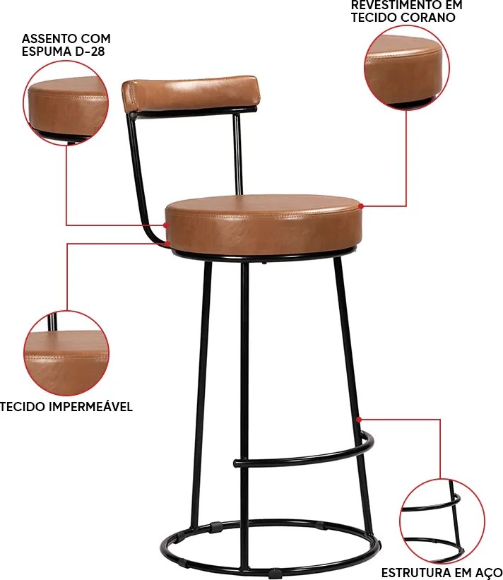 Banqueta Alta Cozinha 70cm Encosto Industrial Aço Kit 2 Ziria Pu S02 - D'Rossi - Caramelo