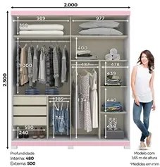 Guarda Roupa Solteiro Com Espelho 2 Portas Verg Flex Branco/Rosa Chá -