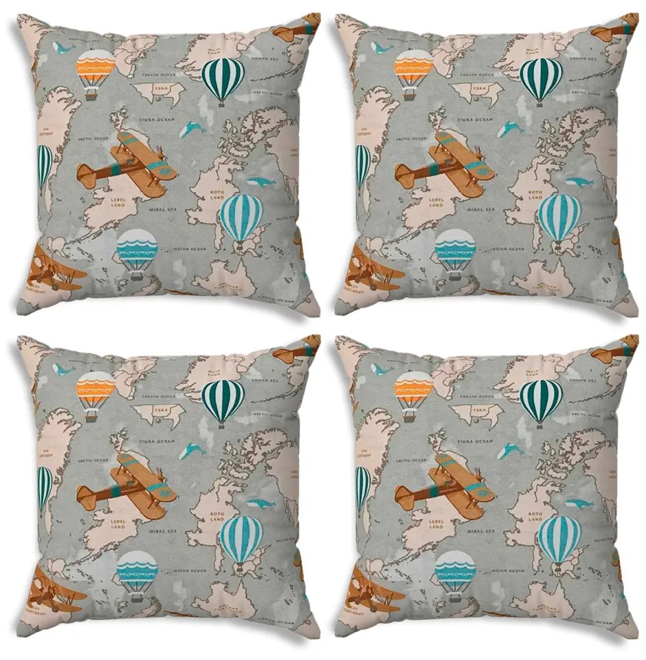 Kit 04 Capas para Almofada Tecido Estampado Mapa Mundi D75 42x42 Cm D03 - D'Rossi