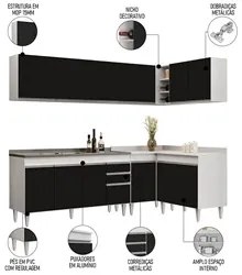 Armário de Cozinha Modulado de Canto 6 Peças CP33 com Pia Inox Branco/
