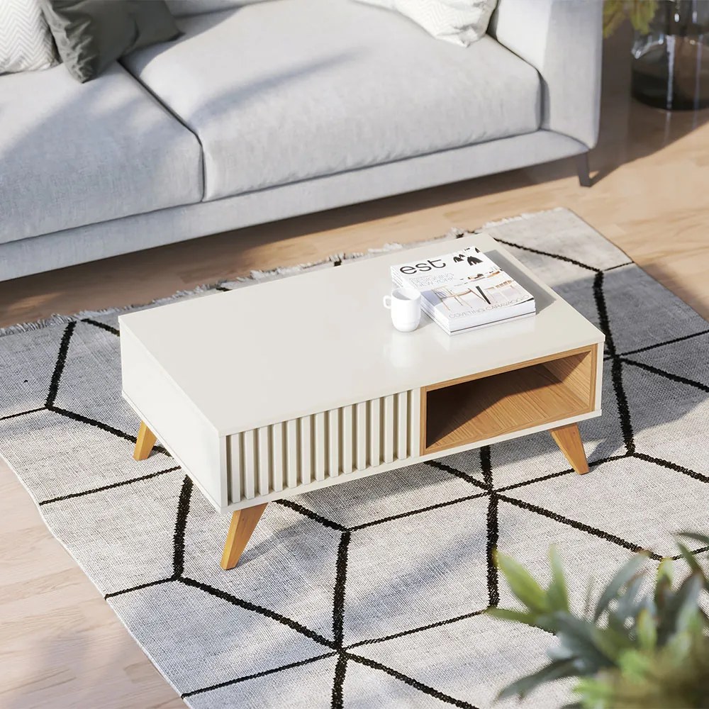 Mesa de Centro Para Sala Retangular 1 Nicho karin C04 - D'Rossi - Off White e Freijó