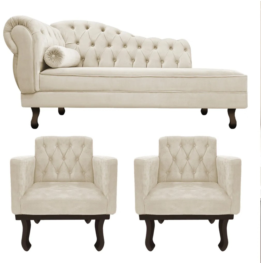 Kit Diva Recamier Diana 130cm Lado Direito e 02 Poltronas Classic Suede - ADJ Decor