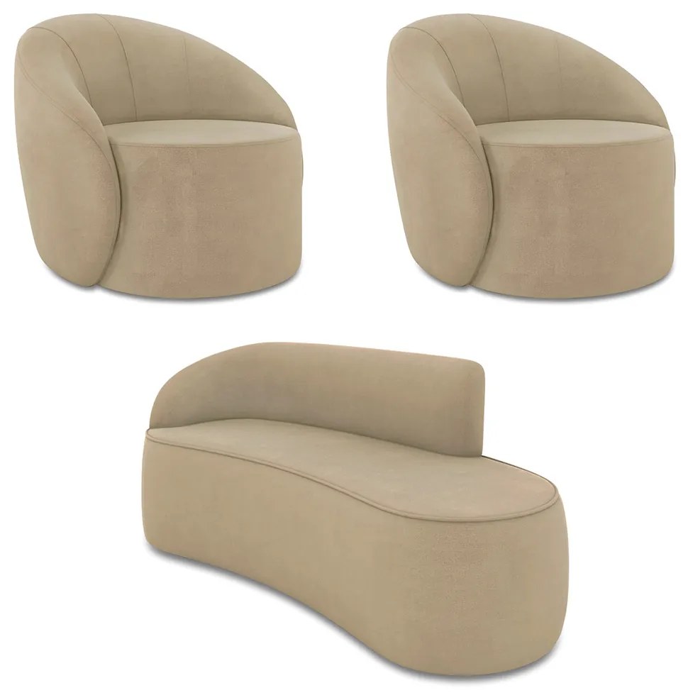 Sofá 3 Lugares Orgânico 180cm Morgan e 2 Poltronas Lua Suede - Marrom Rato