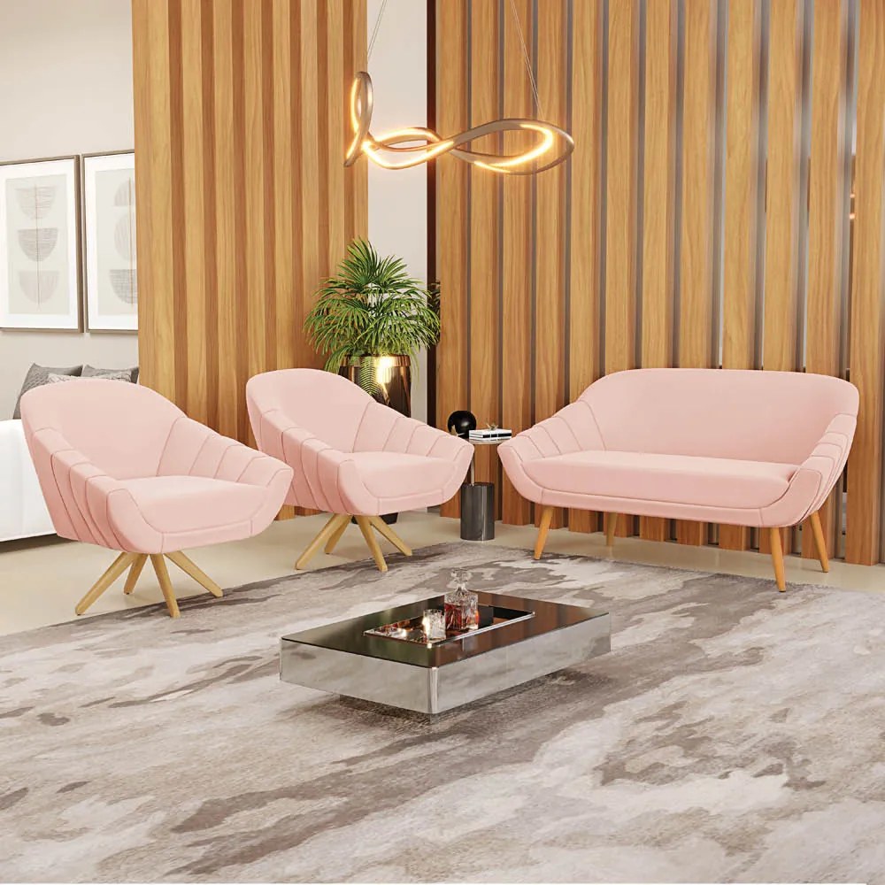 Kit 01 Namoradeira 02 Lugares e 02 Poltronas Giratória Giovana Veludo Base Madeira MA30 D03 - D'Rossi - Rose