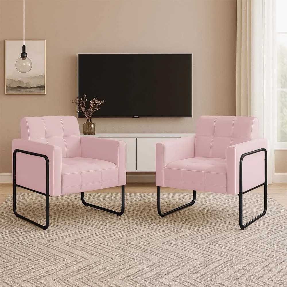 Poltrona Sala Industrial Alta Tubo Preto Kit 2 Elisa Suede D03 - D'Rossi - Rosa Bebê