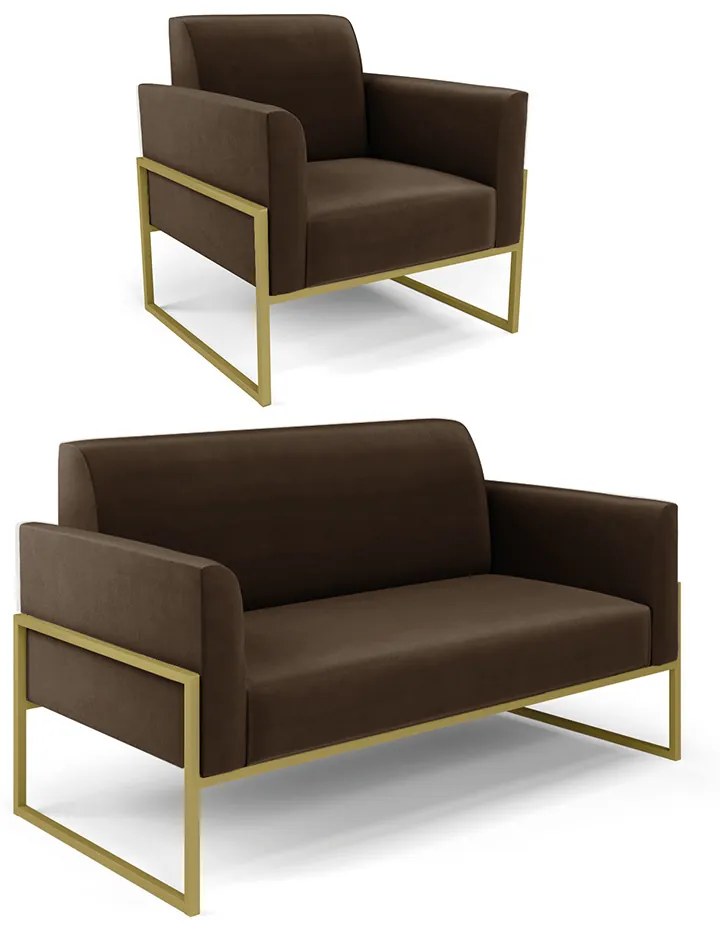 Sofá Namoradeira com Poltrona Base Industrial Alta Dourado Marisa Suede D03 - D'Rossi - Marrom