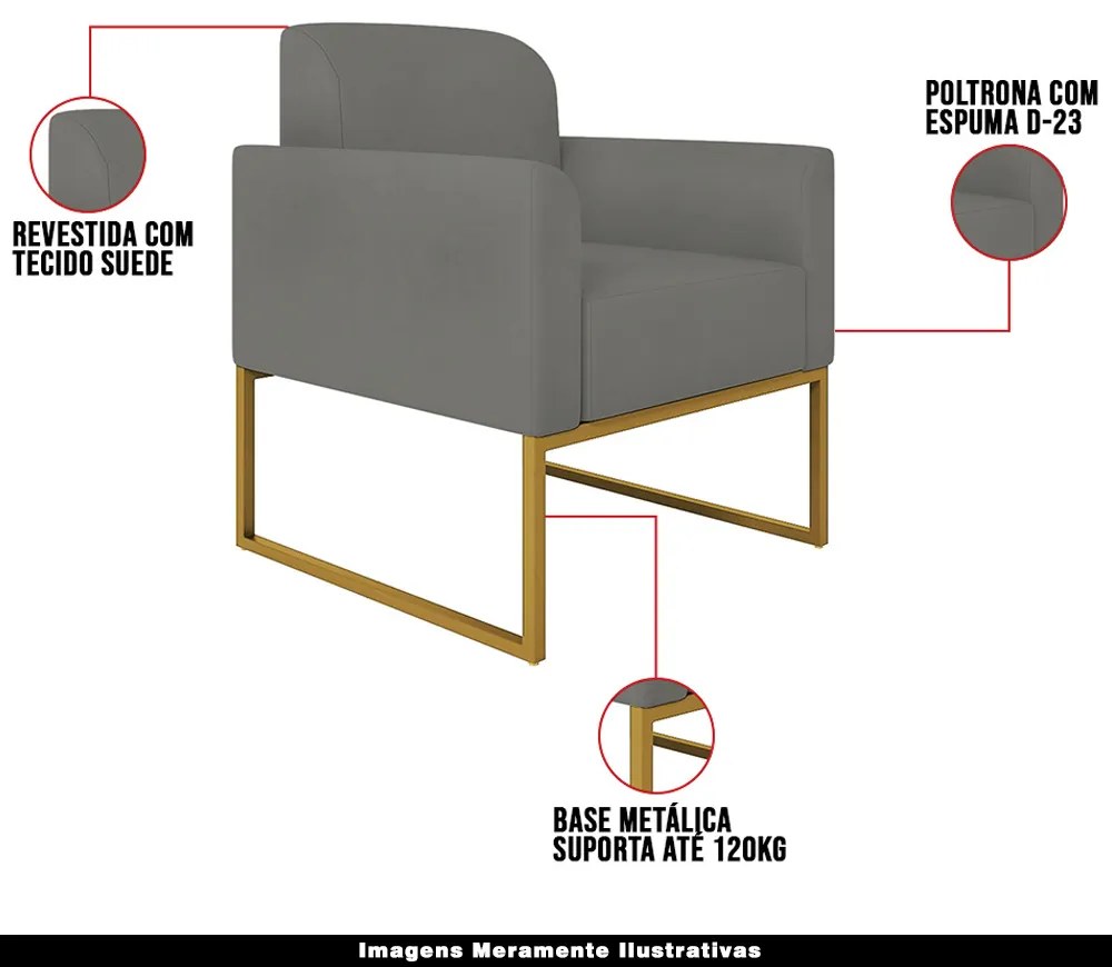 Kit 2 Poltronas Decorativas Isabella Base Industrial Suede Grafite/Dourado G19