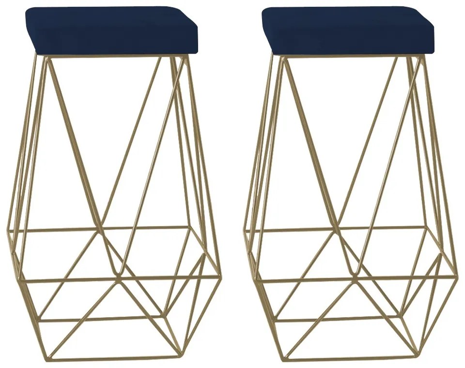 Kit 2 Banqueta Decorativa Kathy Base Gold Veludo Azul G41 - Gran Belo