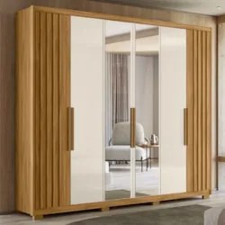 Guarda Roupa Casal com Espelho 6 Portas 260cm Gaia Z17 Freijó/Off Whit