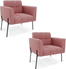 Poltrona Para Sala Pé Metal Preto Kit 2 Ana Suede Rosê - Ibiza