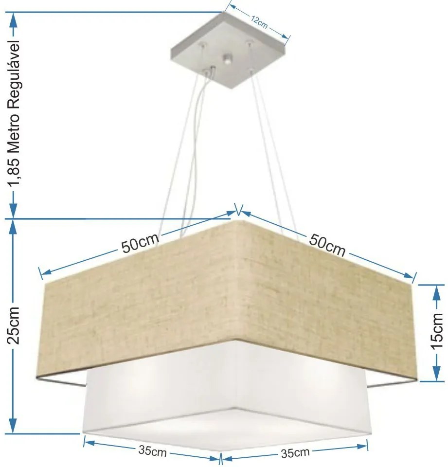 Lustre Pendente Duplo Quadrado Vivare Md-4066 Cúpula em Tecido 50x35cm Rustico Bege / Branco - Bivolt