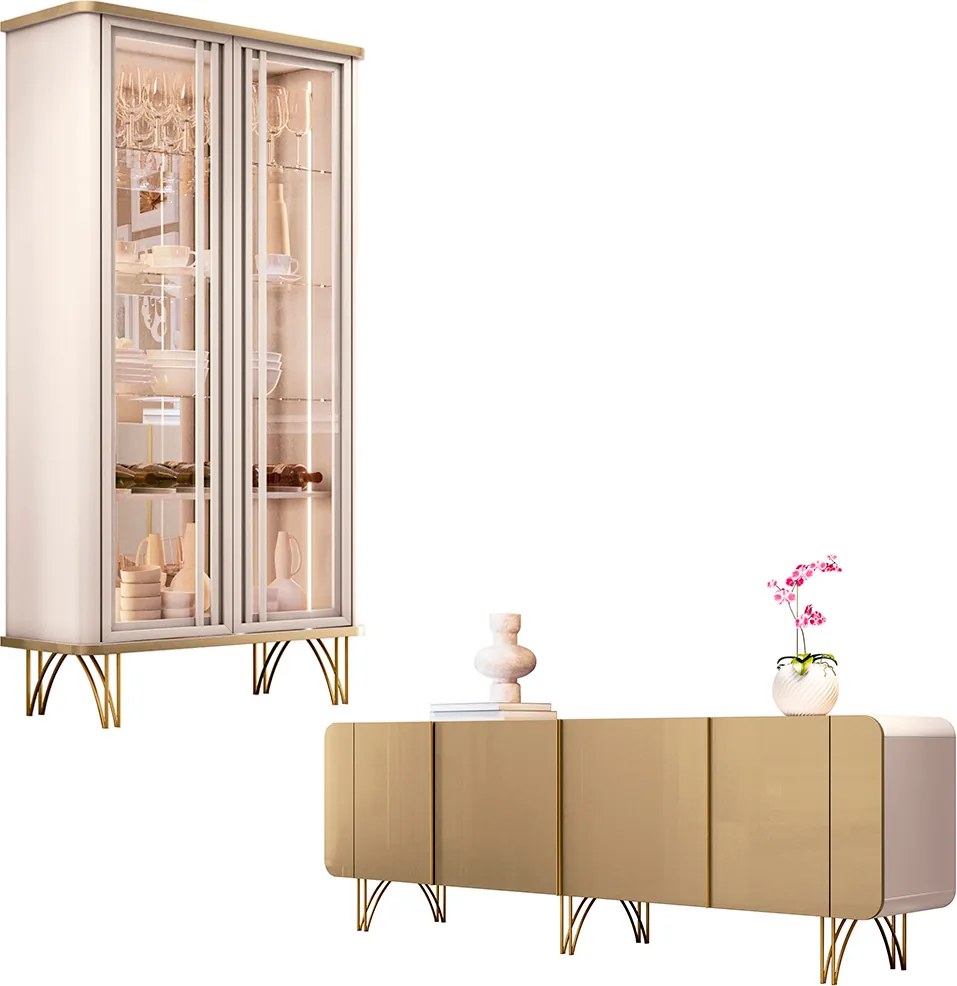 Conjunto Cristaleira Buffet LED Portas de Vidro Texas/Virginia Off White/Champagne G26 - Gran Belo