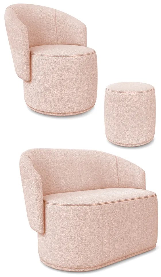Sofá Namoradeira com Poltrona e Puff Orgânico Sala Malu Bouclê M11 - D'Rossi - Rose