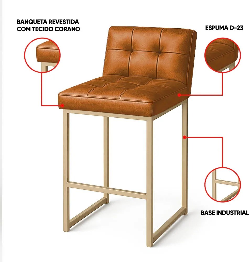 Banqueta Cozinha Alta com Encosto Industrial Kit 2 Champanhe Lirina PU C05 - D'Rossi - Whisky