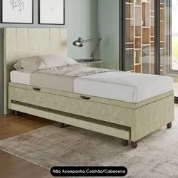 Bicama Box Baú Solteiro 88x188 cm Samy S05 Veludo Bege - Mpozenato