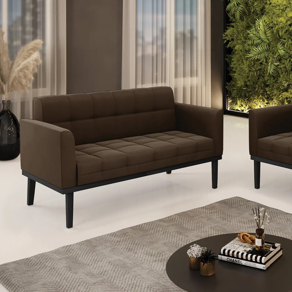 Sofá Namoradeira 2 Lugares Base de Madeira Preto Elisa Suede D03 - D'Rossi - Marrom