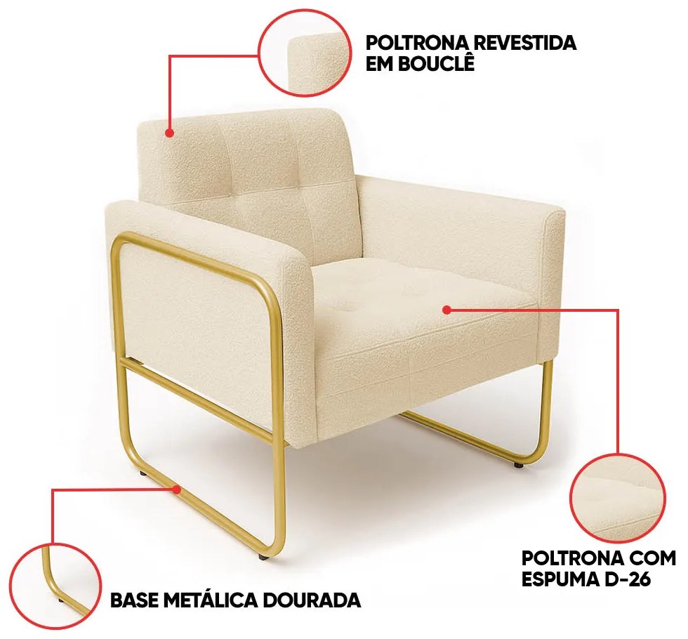 Poltrona Sala Industrial Alta Tubo Dourado Elisa Bouclê D03 - D'Rossi - Bege