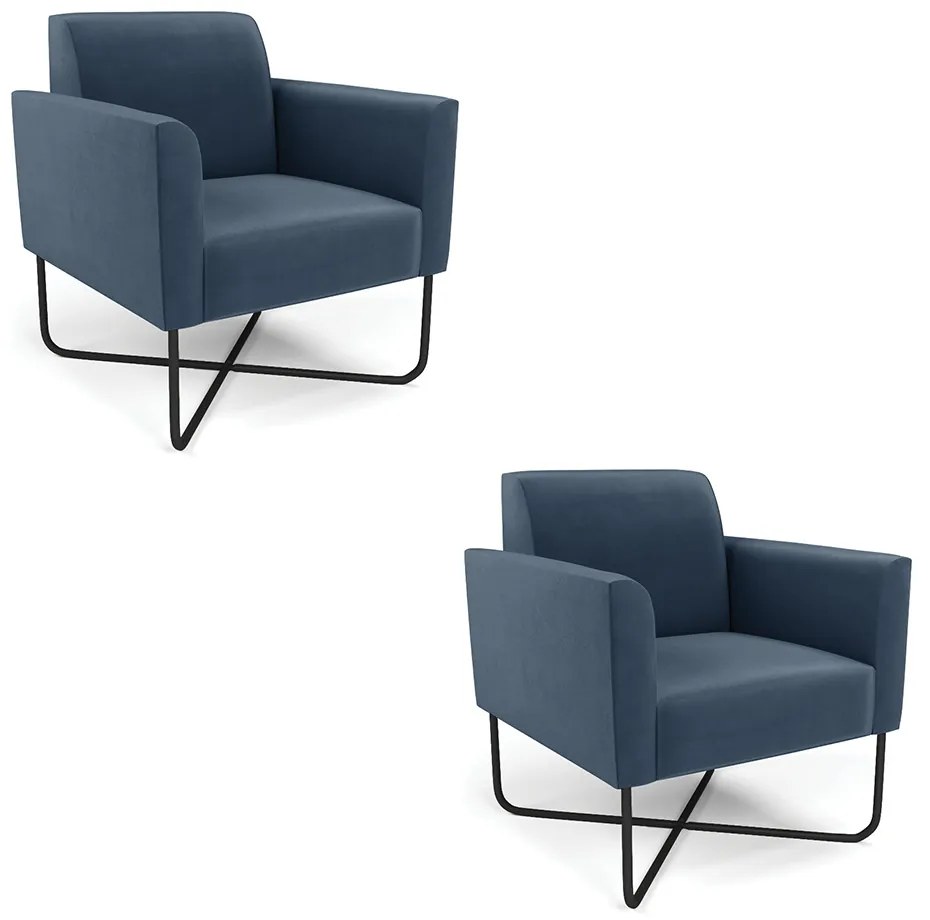 Kit 2 Poltronas Base X Industrial Preto Marisa Suede Azul Marinho D03 - DRossi