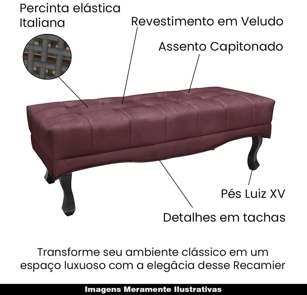 Recamier Decorativo 90cm Loewe Veludo Pés de Madeira Vinho G63 - Gran Belo