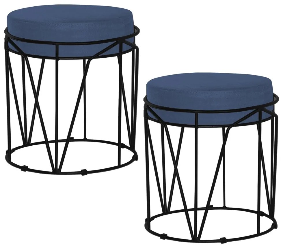 Kit 2 Puffs Decorativo Sala de Estar Base Preto Chloe Suede Azul Marinho G41 - Gran Belo