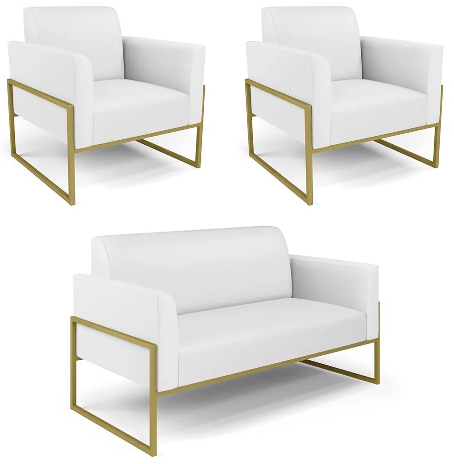 Sofá Namoradeira com 2 Poltronas Base Industrial Alta Dourado Marisa Corino D03 - D'Rossi - Branco