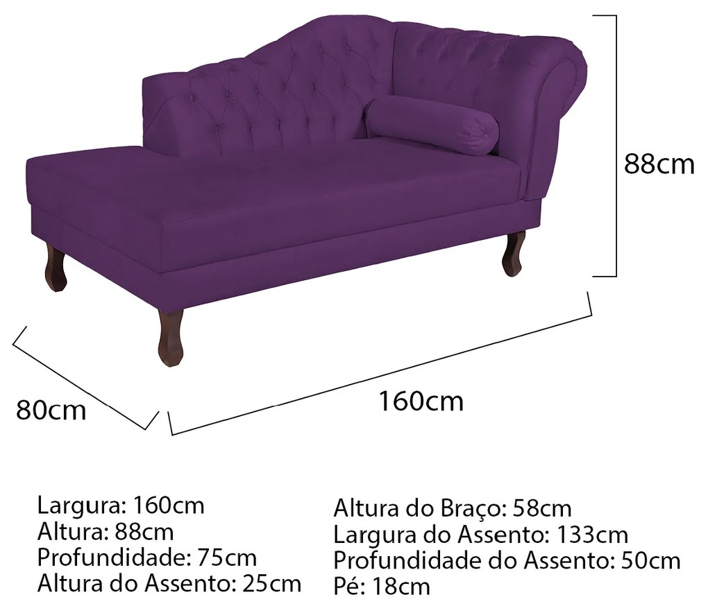 Recamier Diana 160cm Lado Esquerdo Suede Roxo - ADJ Decor