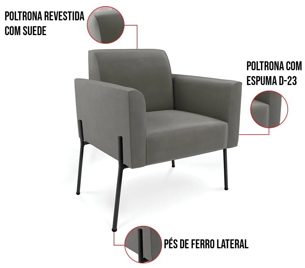Poltrona Pé de Ferro Preto para Sala Marisa Suede D03 - D'Rossi - Grafite