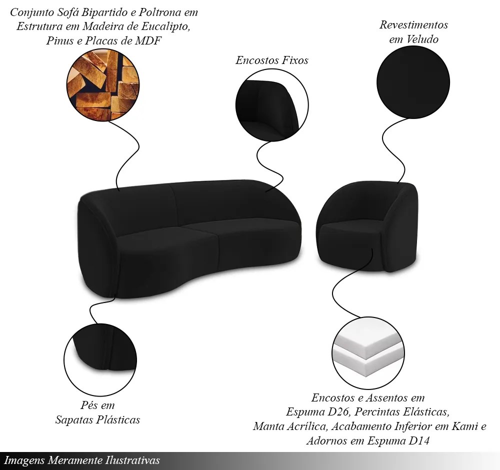 Conjunto Sofá Sala de Estar Bipartido 288cm e 2 Poltronas Clarke Veludo Preto G45 - Gran Belo