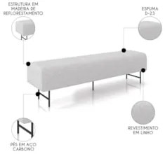 Puff Recamier Decorativo Pés em Ferro 140cm Dublin Z37 Linho Cinza Cla