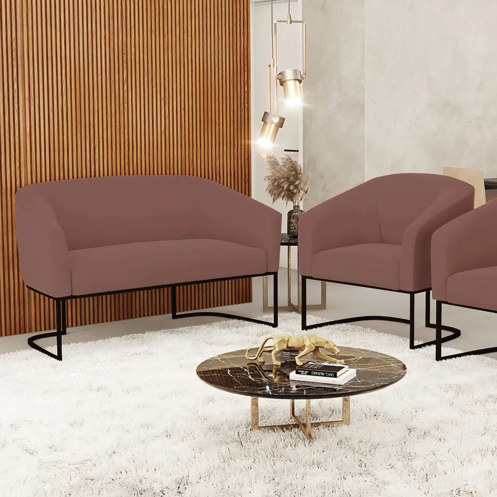Sofá Namoradeira e Poltrona Base Industrial Preto Stella Veludo D03 - D'Rossi - Rose
