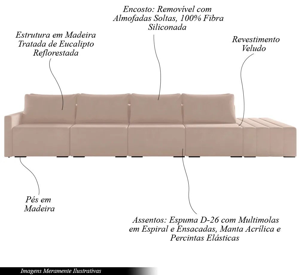 Sofá Ilha Modulado Milos 392cm Puff Lateral Veludo Rosê G33 - Gran Belo
