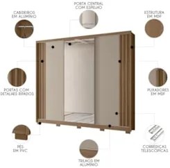 Guarda Roupa Casal 260cm 3 Portas Cali Carvalho/Fendi Z17    - Mpozena