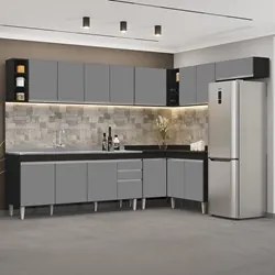 Armário de Cozinha Modulado de Canto 8 Peças CP27 com Pia Inox Preto/C