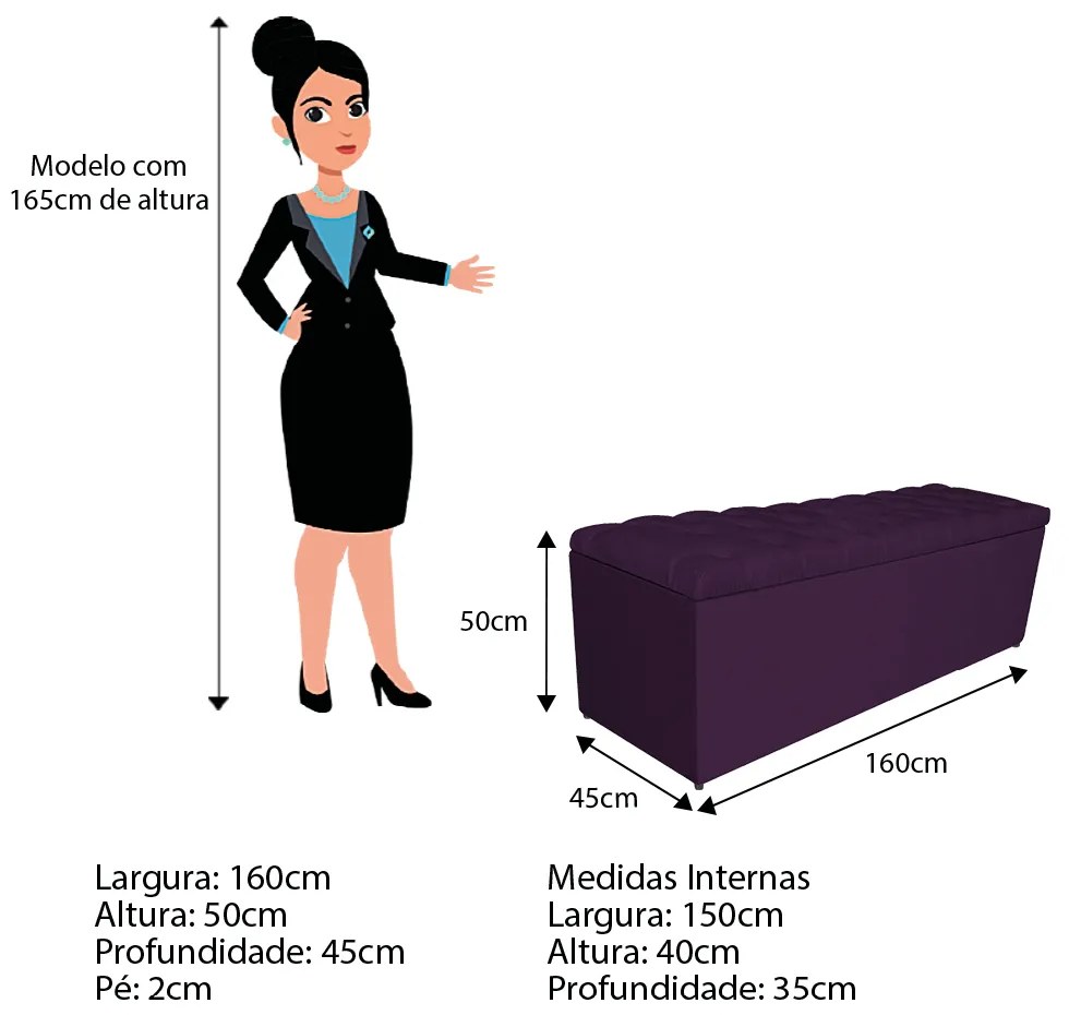 Calçadeira Estofada Liverpool 160 cm Queen Size Suede Roxo - ADJ Decor
