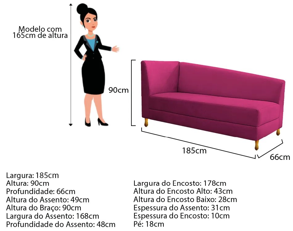 Recamier Valéria 185cm Lado Esquerdo Suede Pink - ADJ Decor