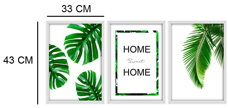 Kit 03 Quadros Decorativos "Folhagem Home Sweet Home" 43x33 Cada - D'Rossi