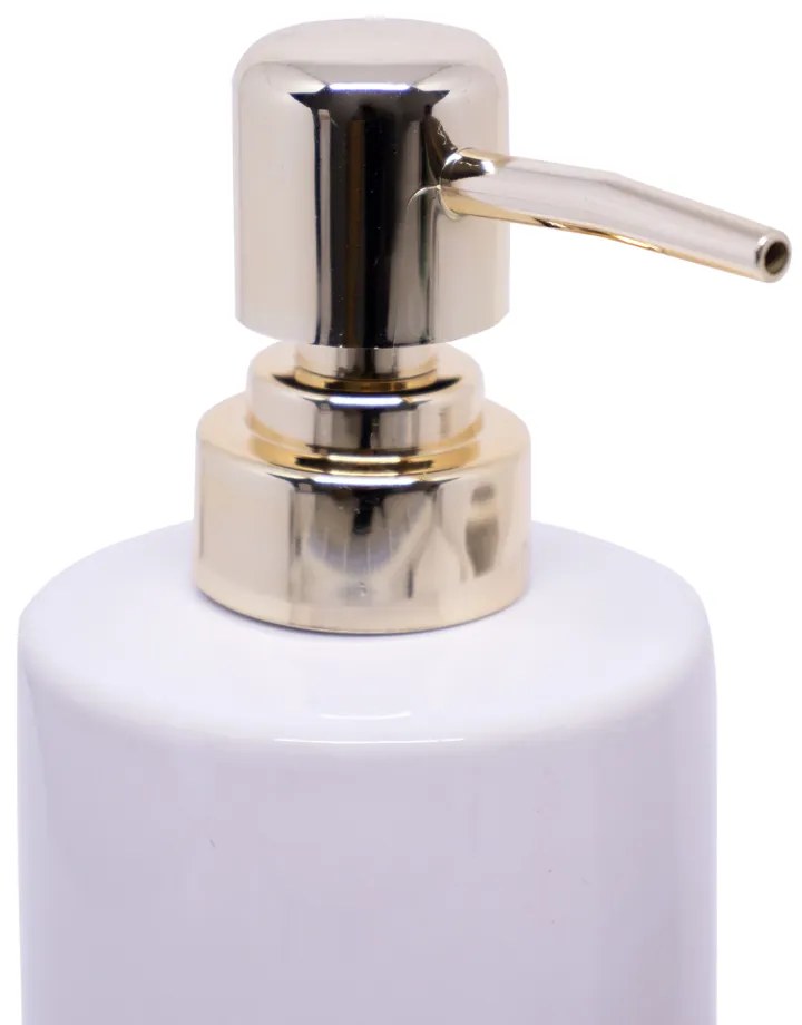 Kit Banheiro 01 Porta Sabonete Liquido e 01 Porta Escova em Cerâmica Branco e Dourado - D'Rossi