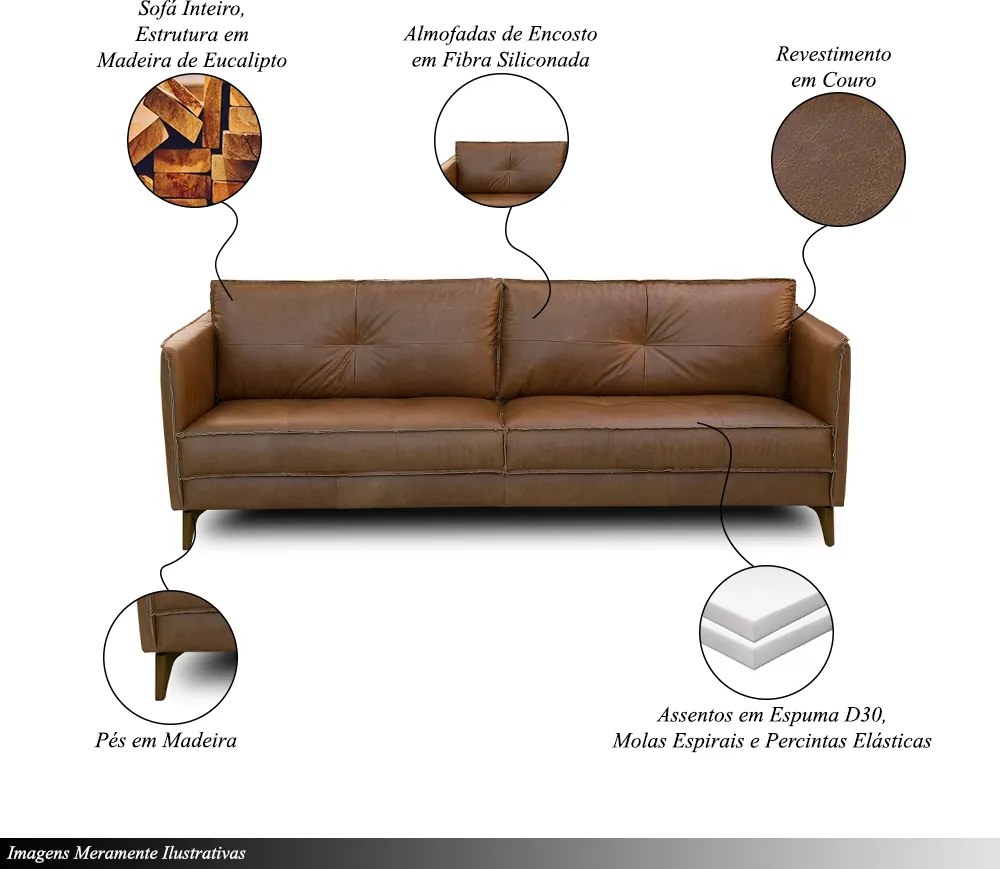 Sofá Sala de Estar Decorativo Living 224cm Pés de Madeira Peoria Couro Marrom Chocolate Manchado G93 - Gran Belo