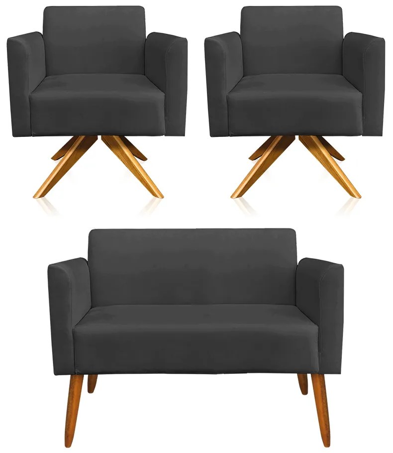 Kit 01 Namoradeira 02 Lugares e 02 Poltronas Marisa Suede Preto Base Giratória Madeira MA30 D'Rossi
