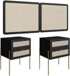 Cabeceira Casal Queen e 2 Mesas Pé Metal Arlo A10  Nero/Dourado - Mpoz