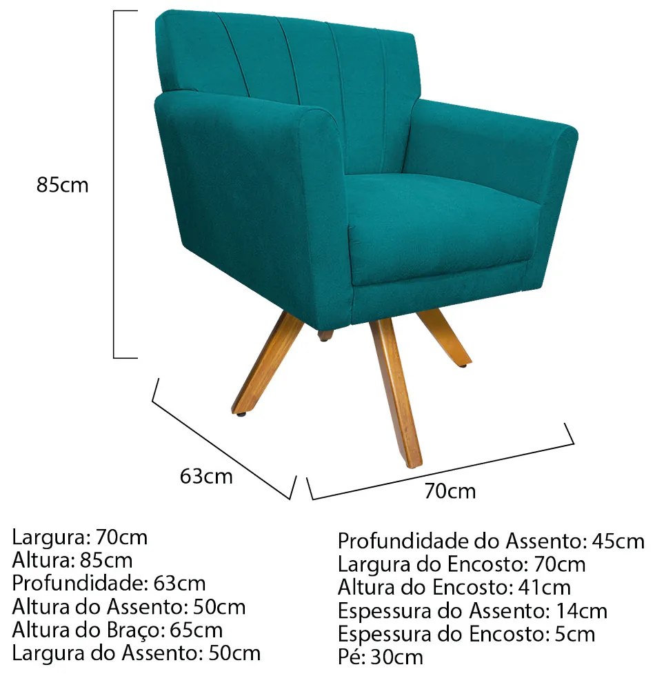 Poltrona Laura Base Giratória de Madeira Suede Azul Turquesa - ADJ Decor