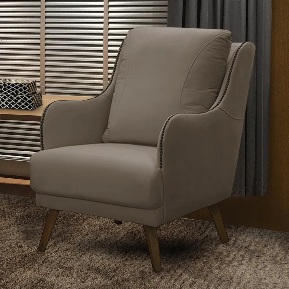 Poltrona Decorativa Catar com Tachas Veludo Bege G33 - Gran Belo
