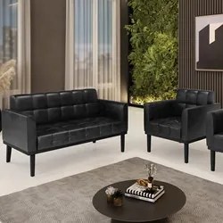 Sofá Namoradeira e 1 Poltrona Base Madeira Preto Ana Sintético PU Pret