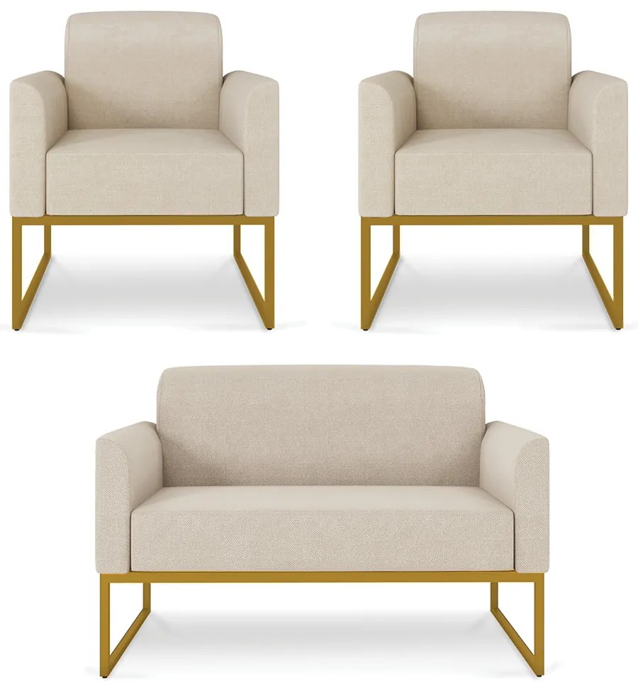 Sofá Namoradeira com 2 Poltronas Base Industrial Dourado Marisa Linho D03 - D'Rossi - A27 Areia