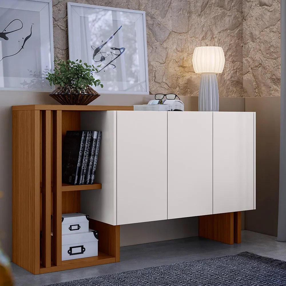Balcão Jasmin 03 Portas Off White e Ypê - D'Rossi