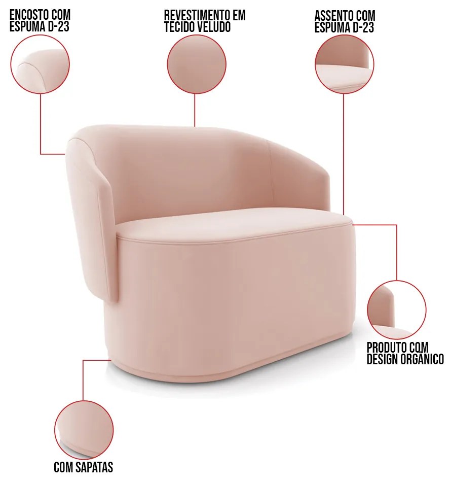 Sofá Namoradeira com Poltrona e Puff Orgânico Sala Malu Veludo M11 - D'Rossi - Rose